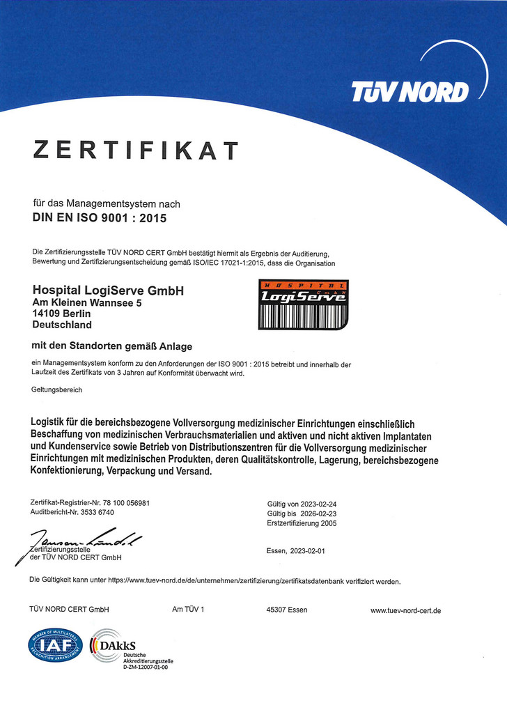 Zertifikat DIN 9001:2015 - Hospital LogiServe