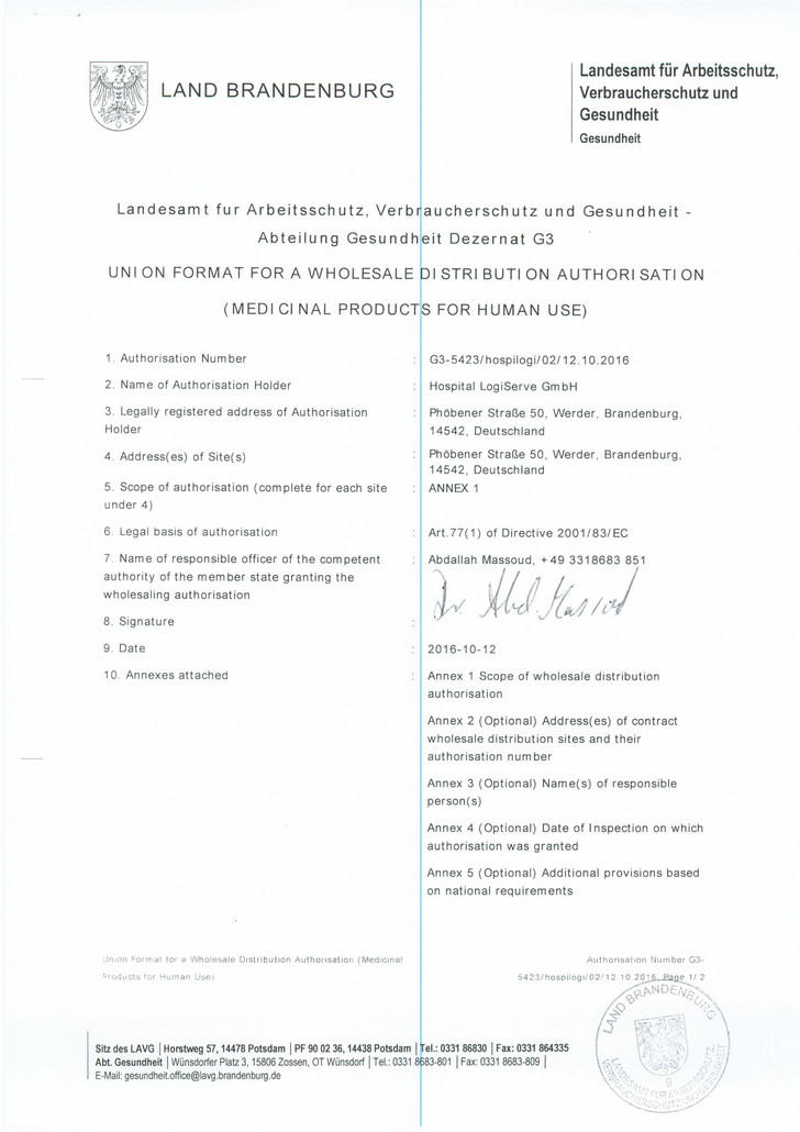 Zertifikat Großhandelserlaubnis Werder - Hospital LogiServe