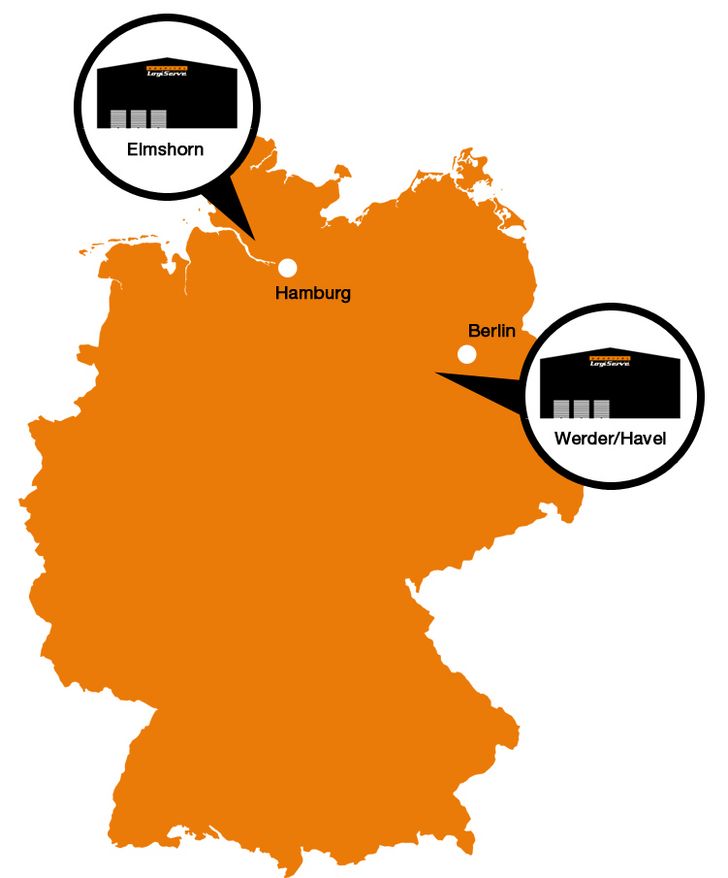 Grafik - Deutschlandkarte mit markierten Logistikzentren in Werder und Elmshorn - Hospital LogiServe