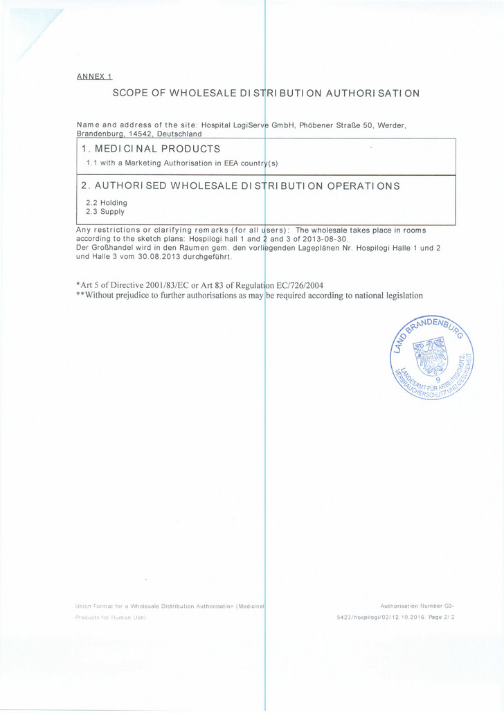 Zertifikat Großhandelserlaubnis Werder - Hospital LogiServe